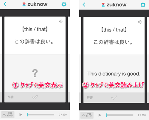 （1）各セクションの解説文 （2）タップすると和訳を表示